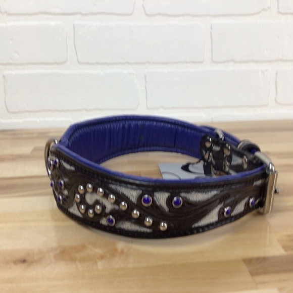 Madcow genuine leather contemporary dog collar handcraf black cerule blue silver - Picture 4 of 16